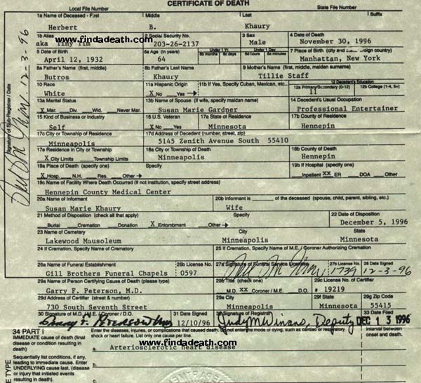 Tiny Tim's Death Certificate